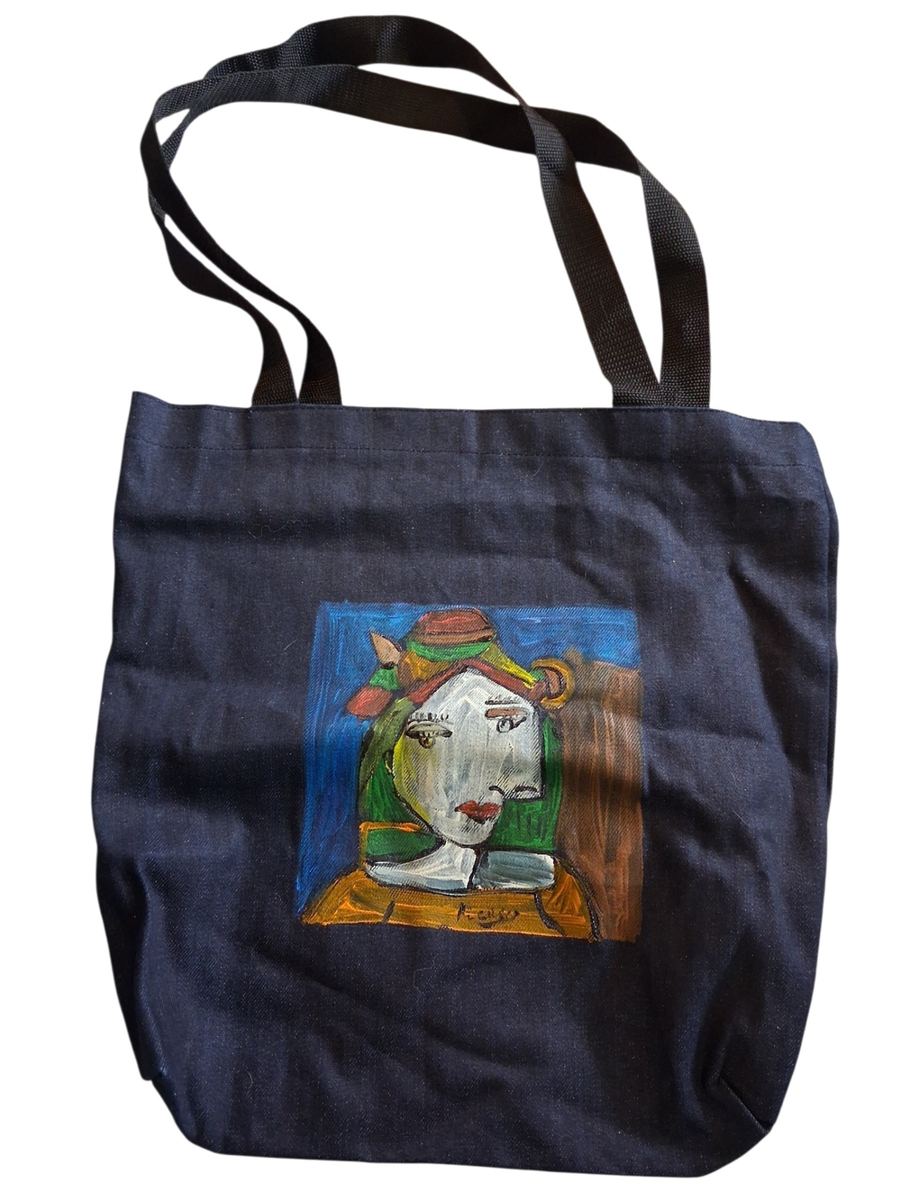 Hand-Painted Black Canvas Tote Bag with Abstract Portrait